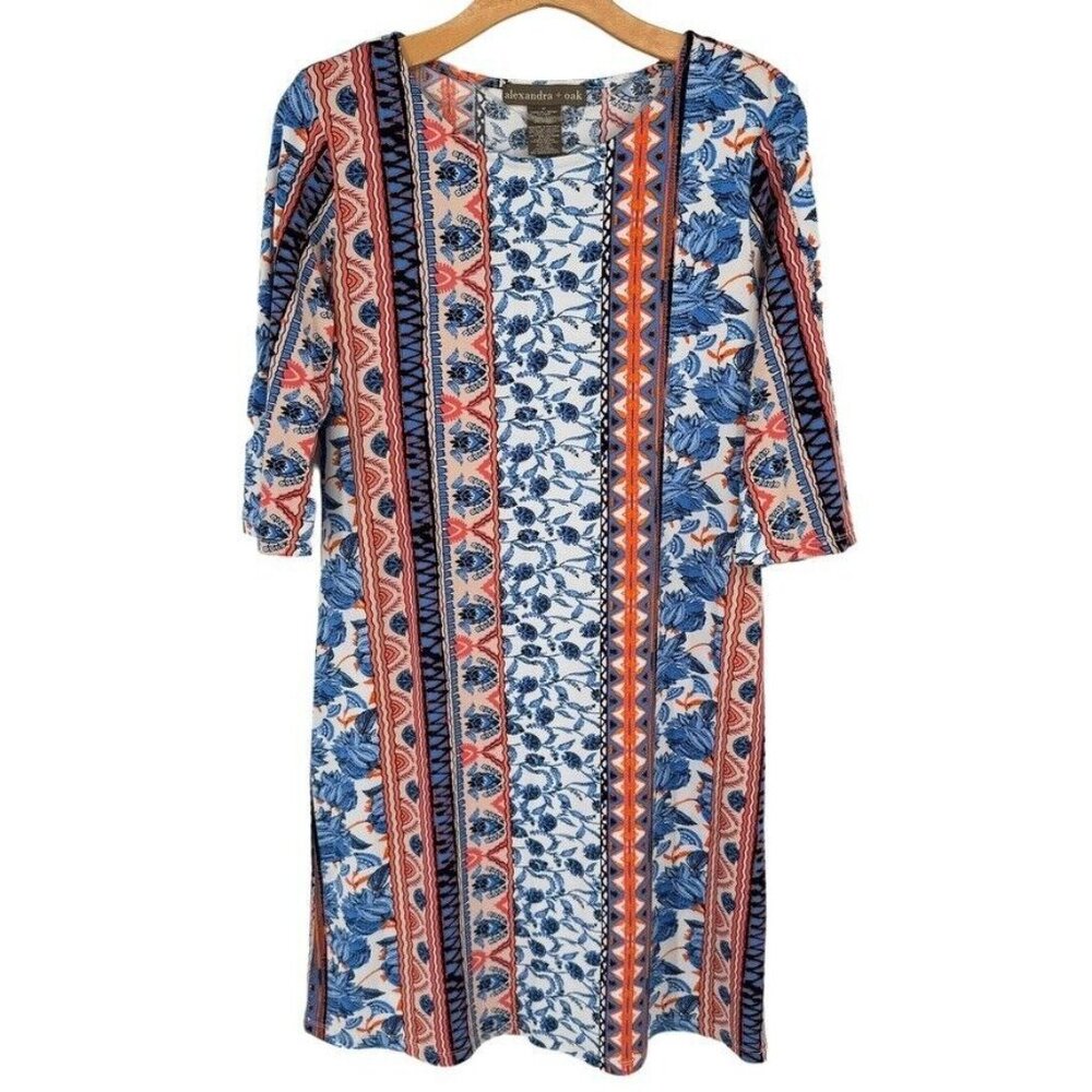 Alexander & Oak Womens Dress Orange blue pattern 3/4 bell sleeves sz medium new